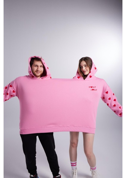 Kalp Baskılı Çift Giyilir Lovebombing sweatshirt Pembe