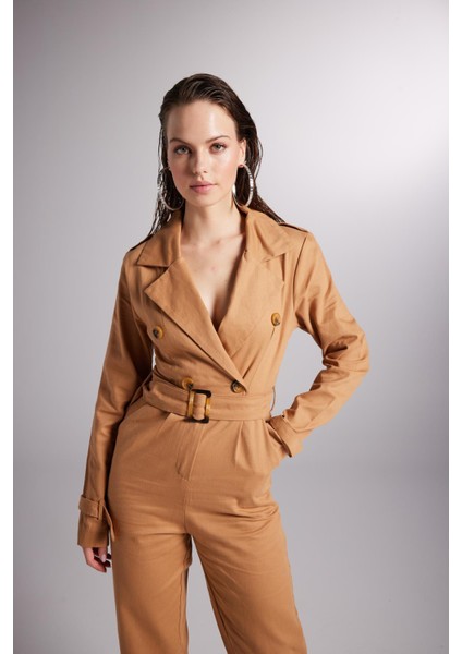 Vatkalı Kemer Detaylı Gabardin Solano Tulum Kahverengi fiyatları