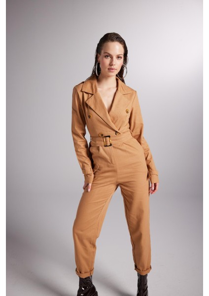 Vatkalı Kemer Detaylı Gabardin Solano Tulum Kahverengi modelleri