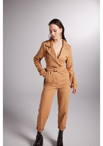 Vatkalı Kemer Detaylı Gabardin Solano Tulum Kahverengi fırsatları