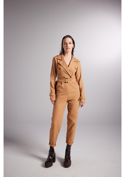 Vatkalı Kemer Detaylı Gabardin Solano Tulum Kahverengi indirimleri