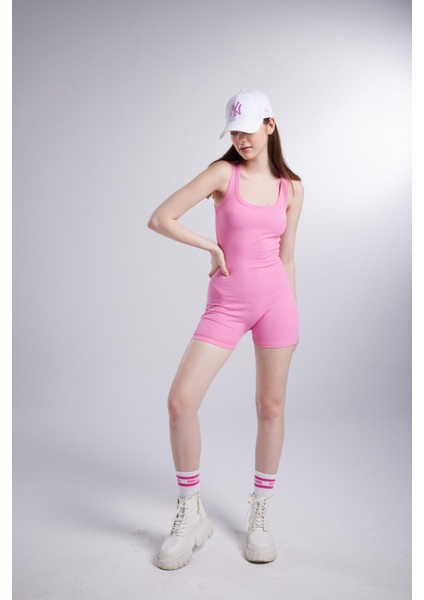 Fitilli Kumaş Şortlu zoe tulum Pembe