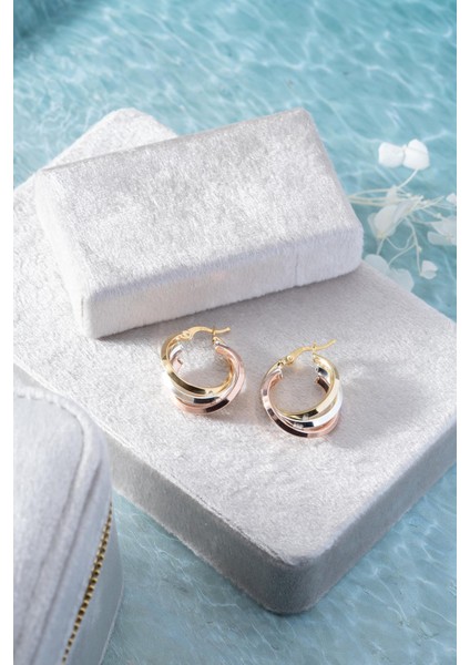 925 Ayar Gümüş Üç Renk Kalın Halka Model Şarnel Küpe modelleri