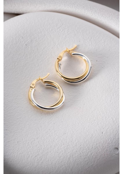 925 Ayar Gümüş Çift Renk Halka Tasarım Şarnel Küpe