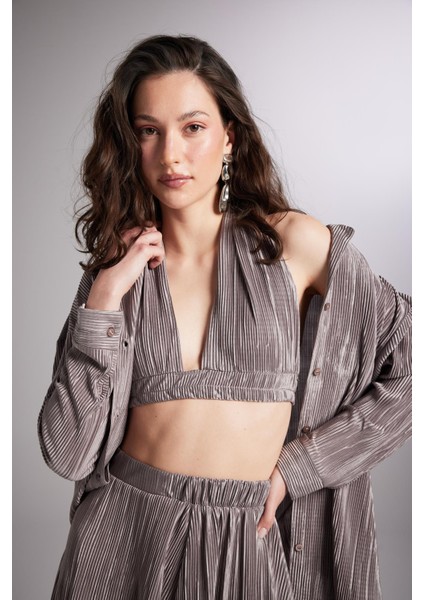 Beli Lastikli Bağlamalı Comfy Büstiyer Vizon
