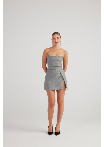 Simli Çizgili Crop Eden Büstiyer Gri modelleri