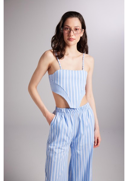 Askılı Çizgili Harmony Poplin Büstiyer Mavi