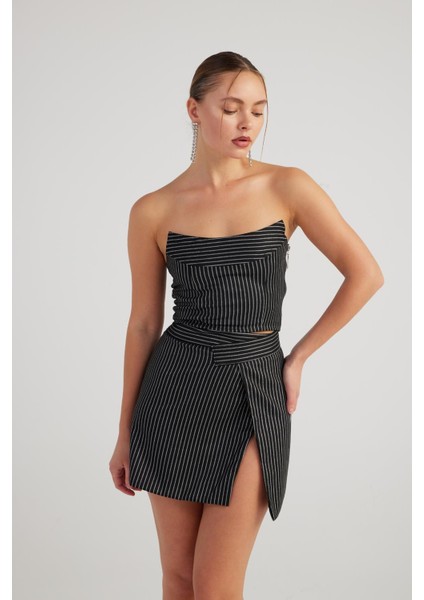 Simli Çizgili Crop Eden Büstiyer Siyah modelleri