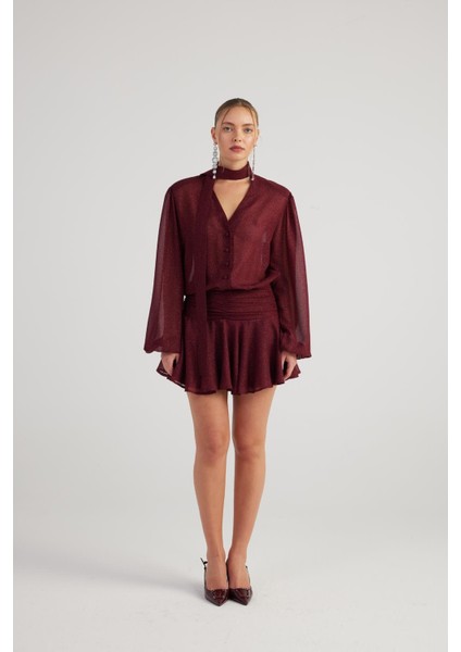 Simli Kumaş Fırfırlı Mini Vanesa Elbise Bordo
