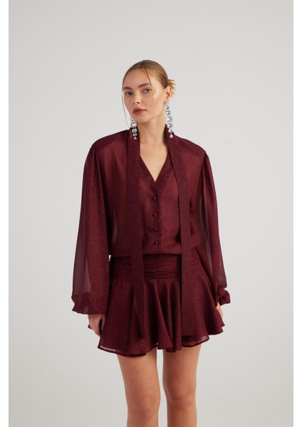 Simli Kumaş Fırfırlı Mini Vanesa Elbise Bordo fiyatları