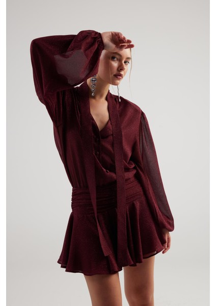 Simli Kumaş Fırfırlı Mini Vanesa Elbise Bordo modelleri