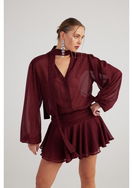 Simli Kumaş Fırfırlı Mini Vanesa Elbise Bordo fırsatları