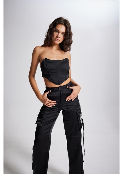 Crop Model Balenli Saten Maddy Büstiyer Siyah