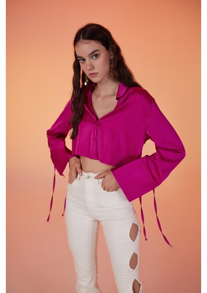 Özel Dokulu Saten Crop Silky Gömlek Pembe