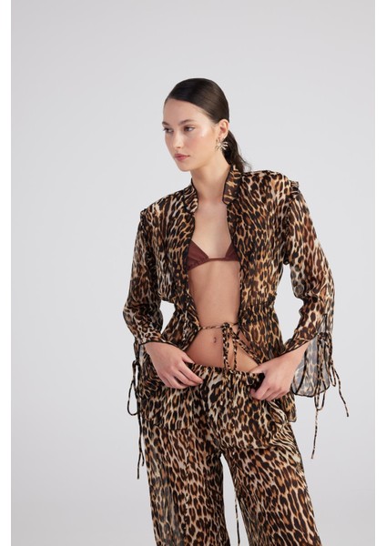 Bağlama Detaylı Leopar Desenli Şifon Savage Gömlek Kahve