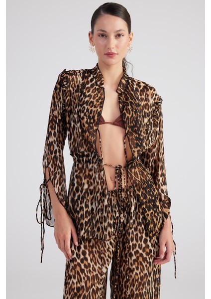Bağlama Detaylı Leopar Desenli Şifon Savage Gömlek Kahve fiyatları