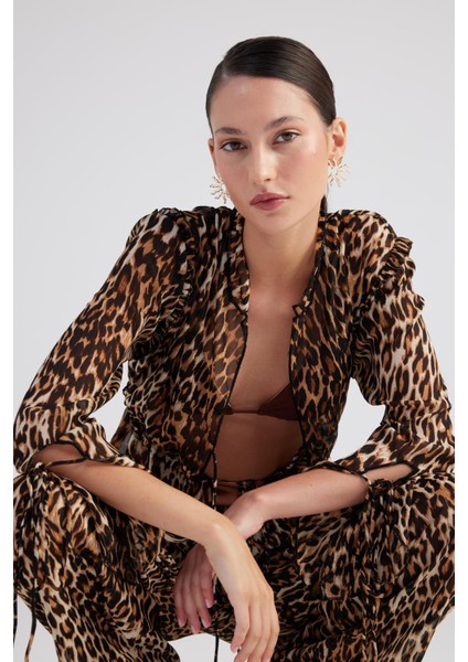 Bağlama Detaylı Leopar Desenli Şifon Savage Gömlek Kahve fırsatları