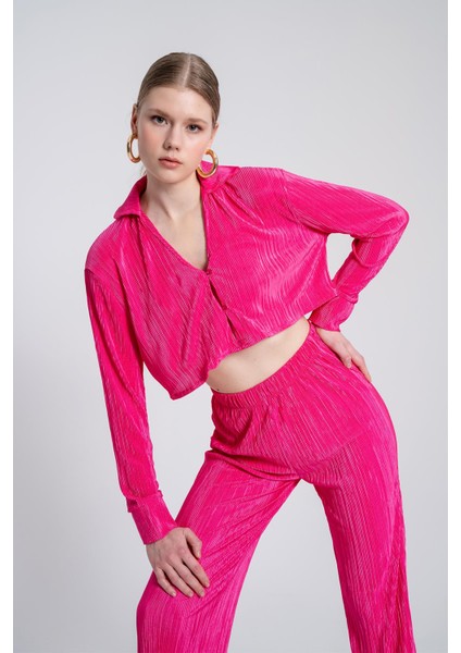 Crop Model Düğme Kapamalı Comfy Gömlek Pembe