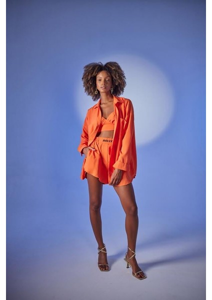 Oversize Model Düğme Kapamalı Leti Gömlek Turuncu