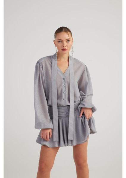 Simli Kumaş Fırfırlı Mini Vanesa Elbise Gri modelleri