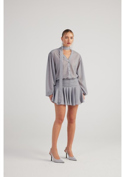 Simli Kumaş Fırfırlı Mini Vanesa Elbise Gri fırsatları