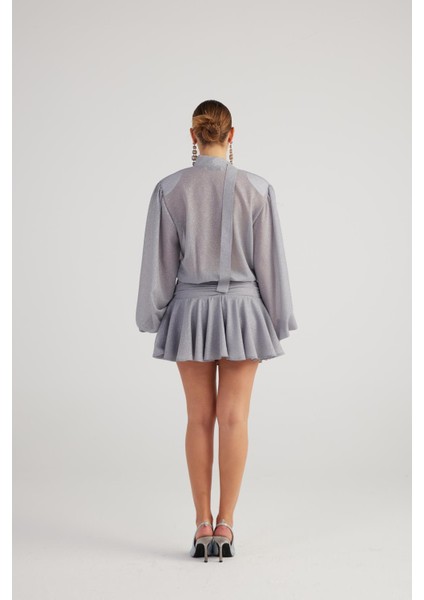 Simli Kumaş Fırfırlı Mini Vanesa Elbise Gri indirimleri