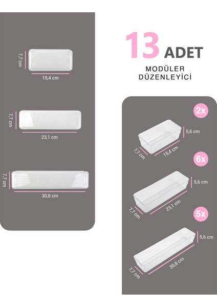 Bozhouse 13'lü Set Modüler Kaşıklık Organizer Çekmece Içi Şeffaf Düzenleyici Tahta Kaşık Drawer Organizer