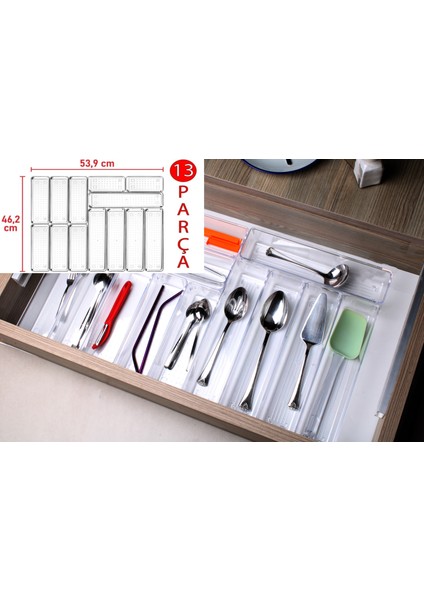 Bozhouse 13'lü Set Modüler Kaşıklık Organizer Çekmece Içi Şeffaf Düzenleyici Tahta Kaşık Drawer Organizer