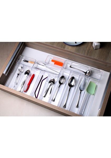 Bozhouse 13'lü Set Modüler Kaşıklık Organizer Çekmece Içi Şeffaf Düzenleyici Tahta Kaşık Drawer Organizer