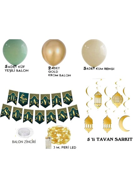 Hoşgeldin Ramazan Ledli Oda Duvar Tavan Süsleme 11 Ayın Sultanı Banner,10 Adet Balon,5 Tavan Süsü
