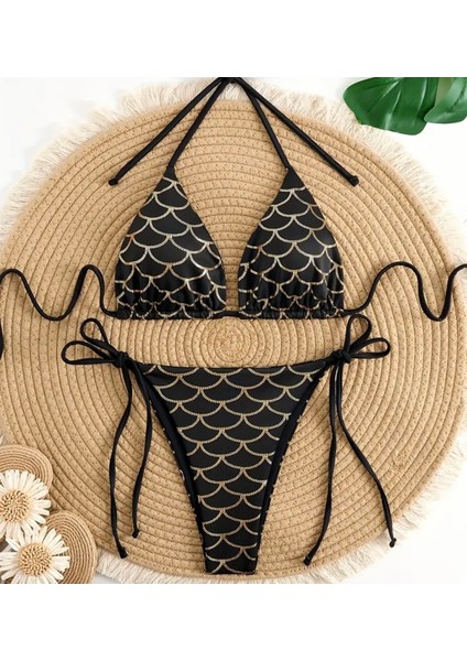 Özel Tasarım Balık Pulu Gold Varak Baskılı Brazilian Beach Club Luxury Kadın Bikini Takımı