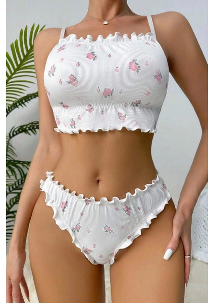 Fnt Beyaz Çiçek Desenli Marum Trim Alt Üst Takım 16088