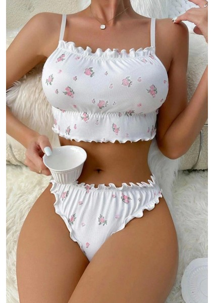 Fnt Beyaz Çiçek Desenli Marum Trim Alt Üst Takım 16088 fiyatları