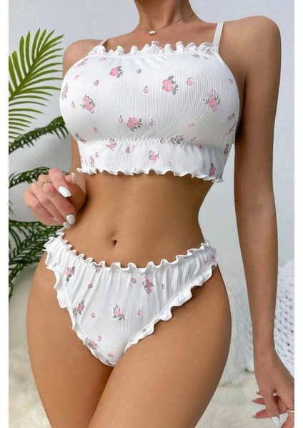 Fnt Beyaz Çiçek Desenli Marum Trim Alt Üst Takım 16088 modelleri