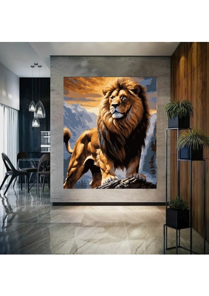 Sayılarla Boyama Kasnaklı Tablo Seti Fırça Boya Dahil 40X50 Aslan