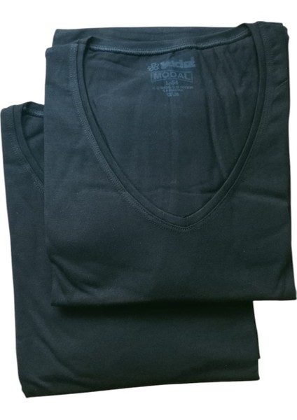 Tişört 2'li ekonomik paket V yaka pamuklu cotton siyah slim fit yumuşak nefes alabilen modal VS1-3L