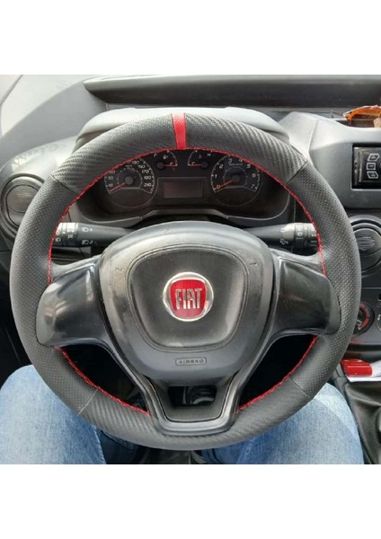 Dikişli Direksiyon Kılıfı Karbon Deri Noktalı Deri Kırmızı Yüzük Kırmızı Dikişli Fıat Doblo Için