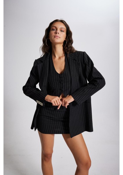 Vatkalı Astarlı Çizgili Striped Blazer Ceket Siyah