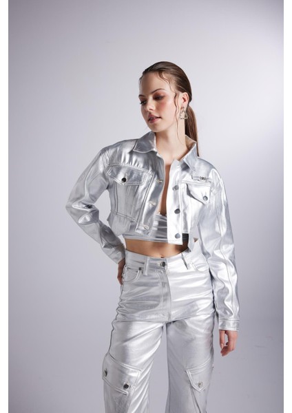 Varak Kaplama Crop Millen Ceket Gri