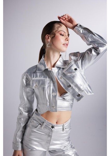 Varak Kaplama Crop Millen Ceket Gri modelleri