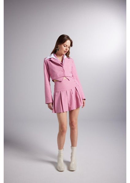 Detaylı Çizgili Crop Kira Blazer Ceket Pembe fiyatları