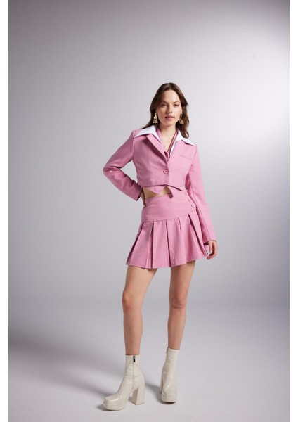 Detaylı Çizgili Crop Kira Blazer Ceket Pembe indirimleri