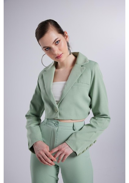 Vatkalı Atlas Kumaş Crop Model Panky Ceket Yeşil indirimleri