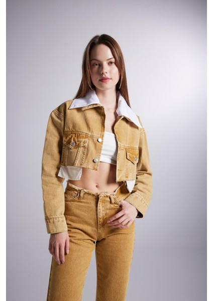 Mermer Desenli Çıkarılabilir Yaka Detaylı Crop Kesim Cepli Rusted Jean Ceket Camel