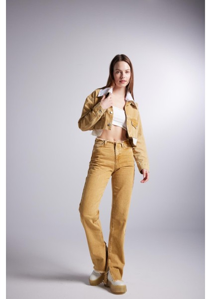 Mermer Desenli Çıkarılabilir Yaka Detaylı Crop Kesim Cepli Rusted Jean Ceket Camel