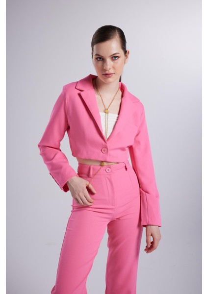 Vatkalı Atlas Kumaş Crop Model Panky Ceket Pembe