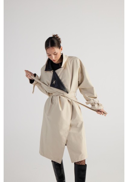 Kadın Bej Maxi Boy Kemerli Cloak Trençkot modelleri