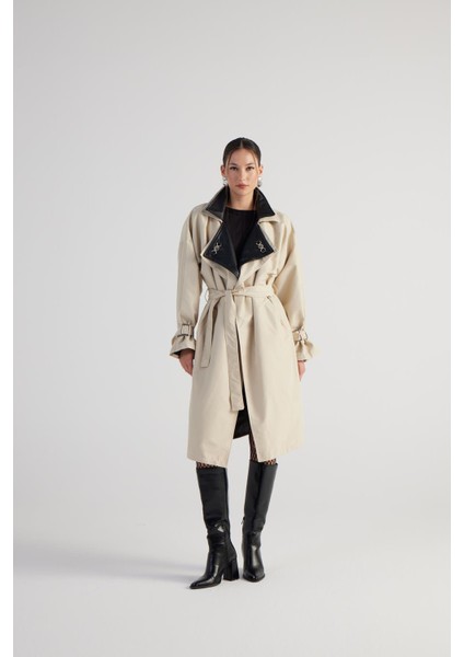 Kadın Bej Maxi Boy Kemerli Cloak Trençkot fırsatları