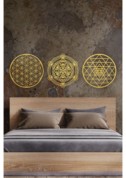 Ahşap Yaşam Çiçeği Sri Yantra Metatron Bolluk Bereket Sembolleri Üçlü Dekoratif Tablo Duvar Süsü