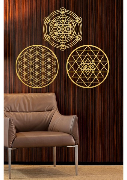 Ahşap Yaşam Çiçeği Sri Yantra Metatron Bolluk Bereket Sembolleri Üçlü Dekoratif Tablo Duvar Süsü modelleri